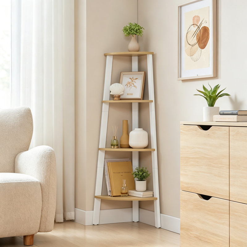 Étagère d'angle à 4 niveaux - Présentoir moderne peu encombrant, Chêne naturel