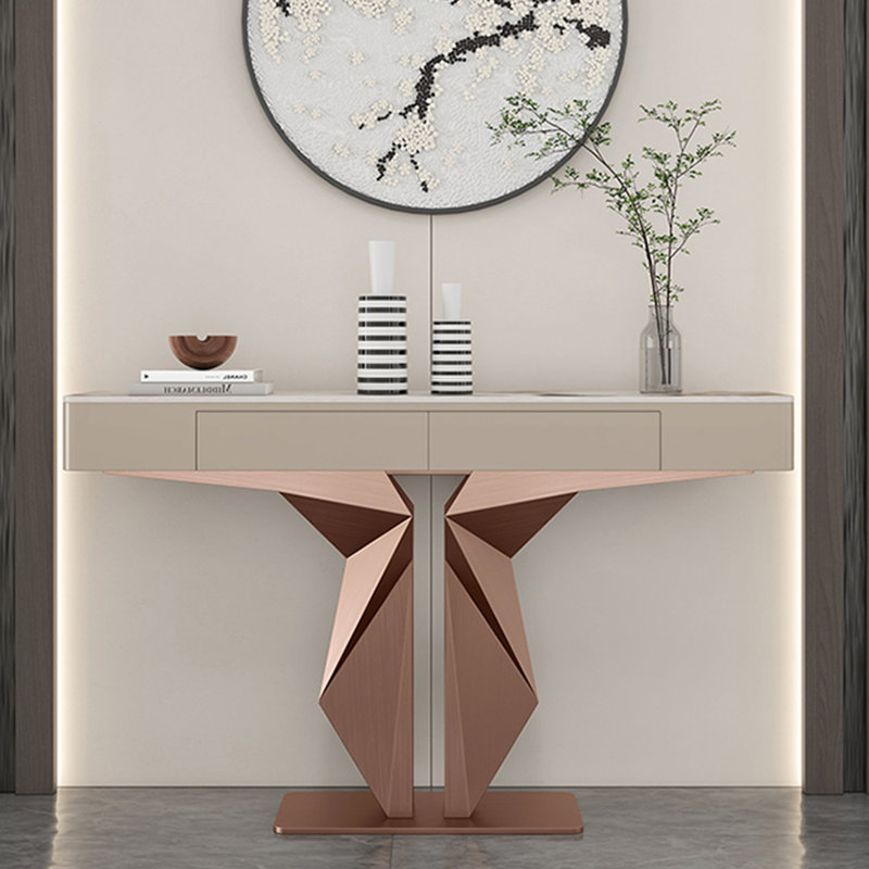 Console luxueuse, moderne, simple et rectangulaire, Or rose, H 33,5 po x l 55,1 po x P 13,8 po