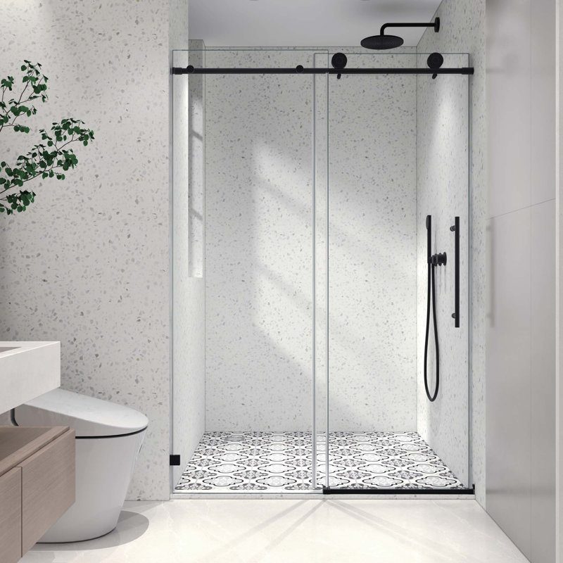 Frameless One Fixed And One Shifted Shower Door,Stainless Steel Large Pulleys With Adjustable Soft Closing Function, Black