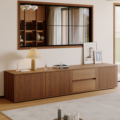 78" Mid-century Modern Tv Stand With Fluted Doors, Walnut Entertainment Center With Cabinets & Drawers, Low Profile Tv Console For Tvs Up To 85"