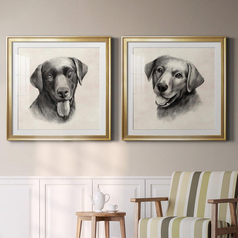 «Charcoal Labrador I», ensemble de 2 peintures encadrées, H 34,5 po x l 69 po x P 1,5 po, Papier encadré doré