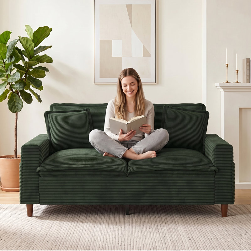 Canapé 2 places en velours côtelé, accoudoirs carrés de 150 cm, structure en bois massif avec poche de rangement pratique, style nuage, idéal pour un appartement, vert
