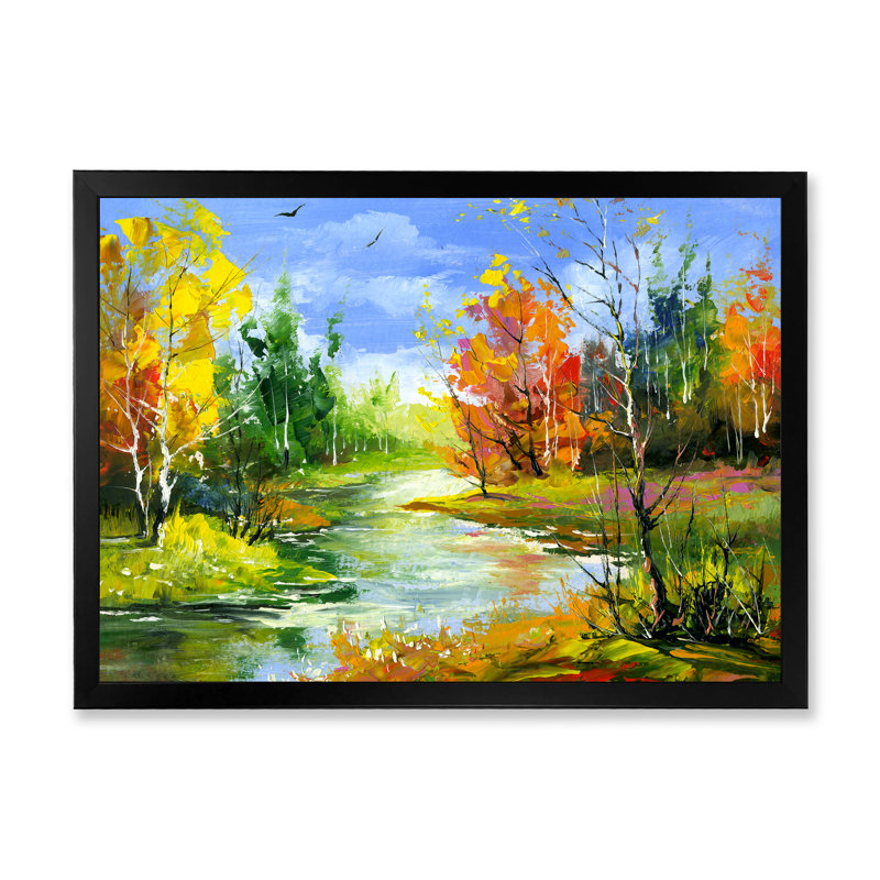 Paysage d'automne avec la rivière Wood - Peinture sur toile, H 24 po x l 32 po x P 1 po, Cadre photo noir
