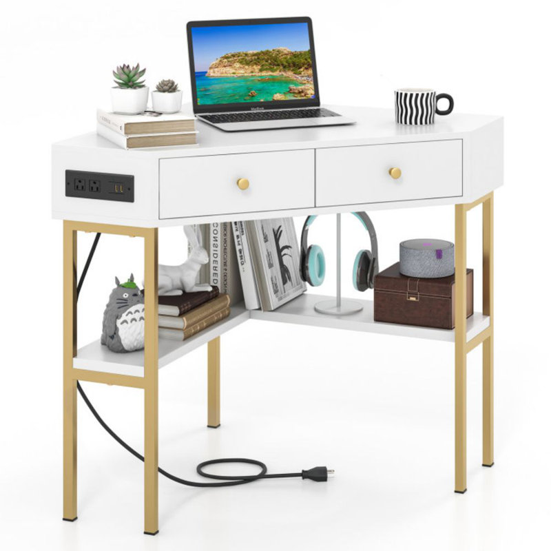 Triangle Corner Desk With Charging Station With 2 Drawers And Storage Shelf