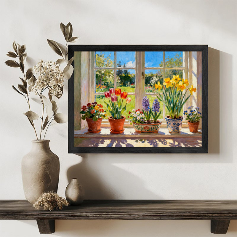Art encadré noir, "Les fleurs qui fleurissent sur le rebord de la fenêtre", impression sur toile de style pastorale impressionniste