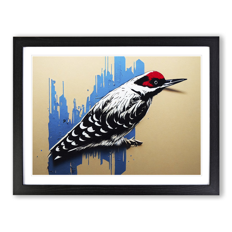 Edgy Woodpecker Bird Abstract 1 Piece Single Picture Frame Painting, 25cm H x 34cm W x 2cm D, Black Frame