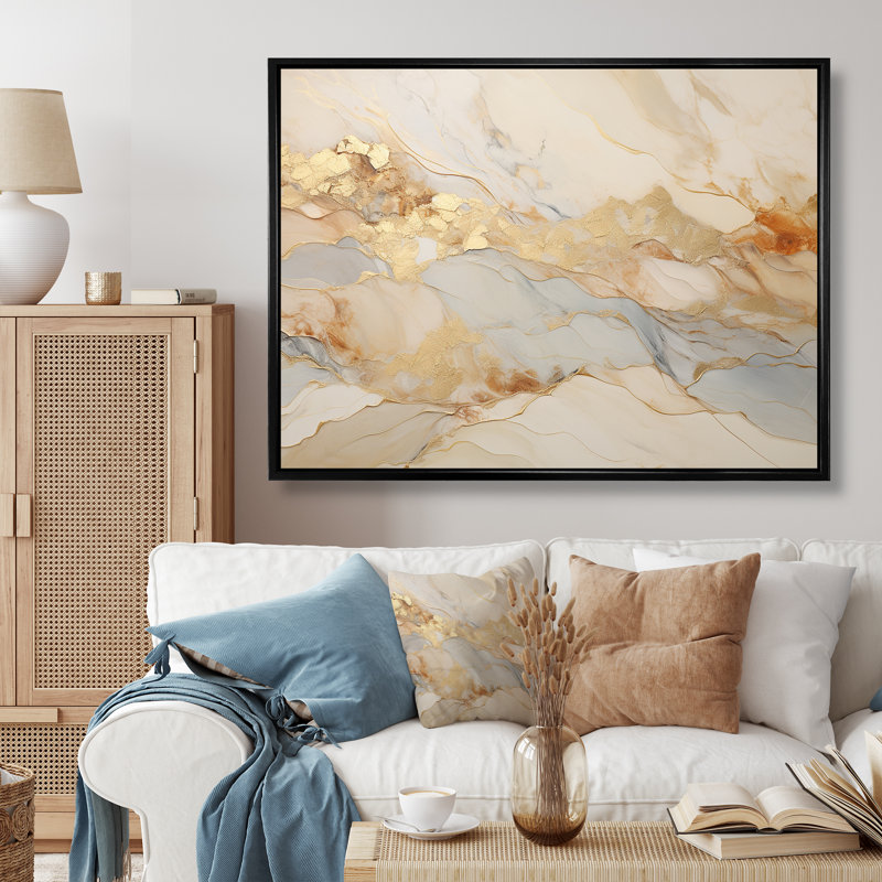 «I Beige And Gold Glacier Stone Art I», reproduction d'art sur toile abstraite, Cadre flottant noir, H 34 po x l 44 po