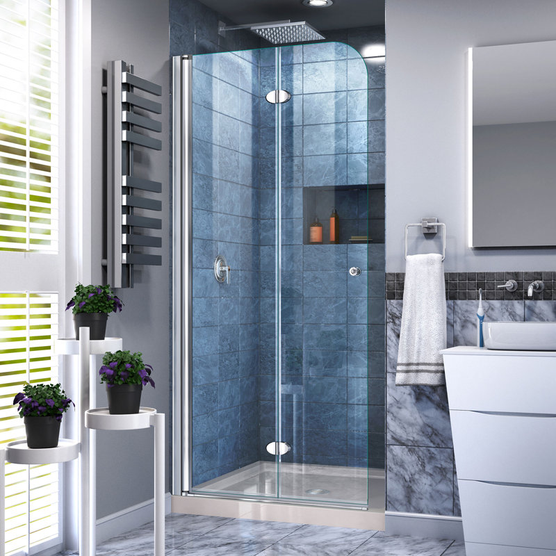 Aqua Fold 32" W x 72" H Frameless Square Hinged Shower Enclosure with Base Included, Biscuit