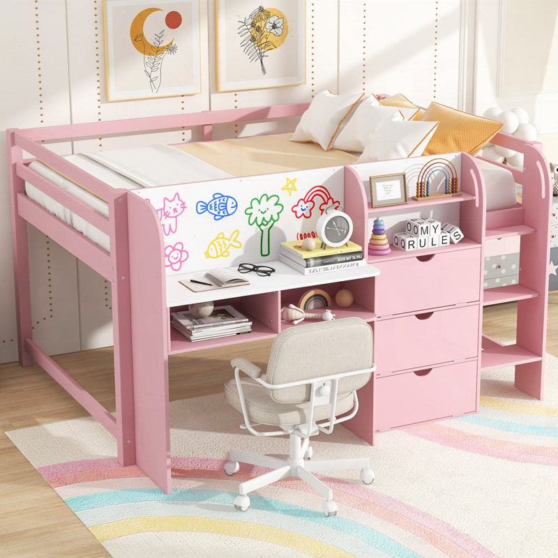 Bed with Built-in Desk,Storage Cabinets and Open Bookcase, Pink