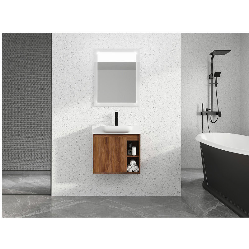 Comptoir de salle de bain mural avec cuve en céramique blanche et porte à fermeture en douceur