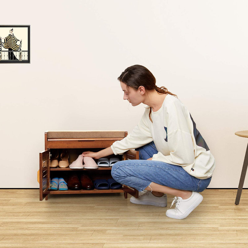 Banc de rangement en bambou pour chaussures avec armoire de rangement cachée à coussin amovible