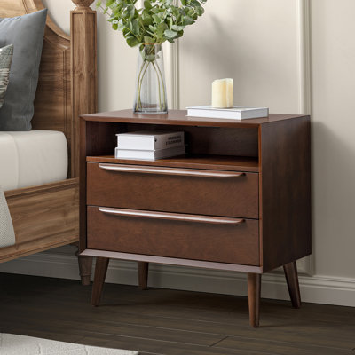 Aviannah Mid-Century Modern 2 - Drawer Nightstand With Built-In Charging Station And Legs And Open Shelf