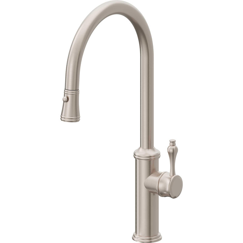 Davoli Pull-Down Kitchen Faucet with Button Sprayer - High Arc Spout, Satin Nickel