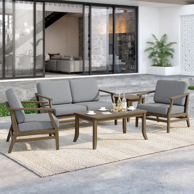 Clinkscales Teak Outdoor Four-person Patio Set with Cushions and Two Tables, Brown, Gray