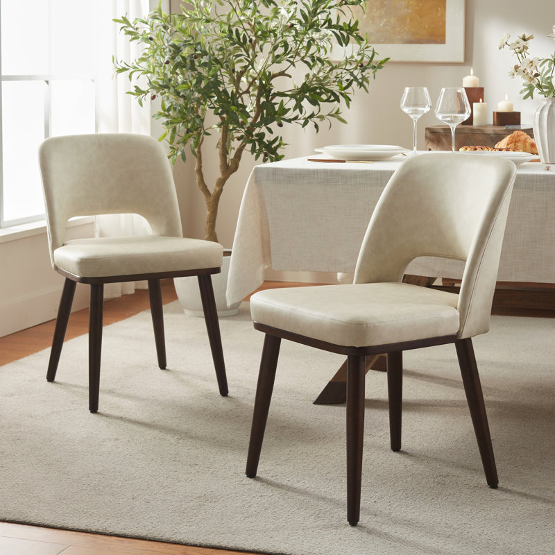 Mason Upholstered Faux Leather Side Dining Chair With Solid Wood Legs , 4, Beige
