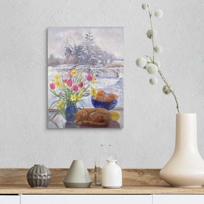 «Curled Cat with Flowers» par Timothy Easton - reproduction d'art sur toile