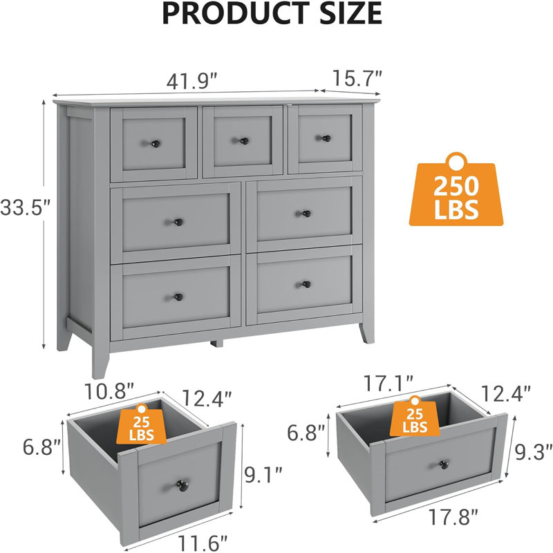 7-drawer Dresser, Stylish Wood Organizer, In Bedroom, Living Room, Or Entryway, Gray