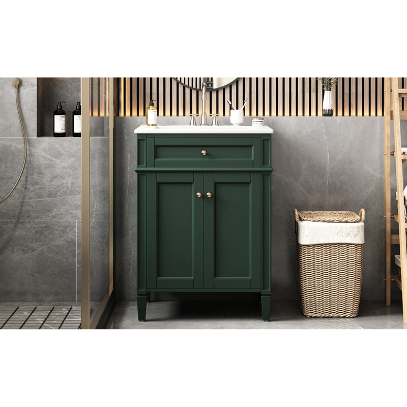 Meuble-lavabo de salle de bain 24 po avec 2 portes et tiroir, organisateurs de rangement intelligents, glissières de tiroir coulissantes, tablette réglable, charnières à fermeture en douceur, caractéristiques réfléchies de 24 po, pieds en bois massif, lavabo en céramique,