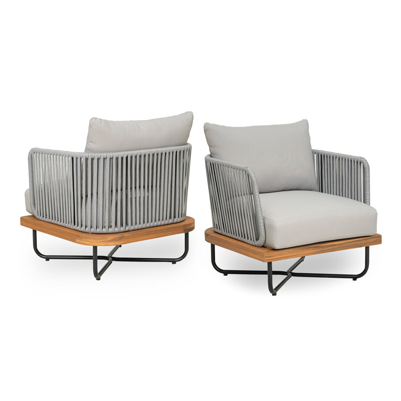 Dominic Outdoor Acacia Wood Rope Woven Club Chairs, Gray, Gray
