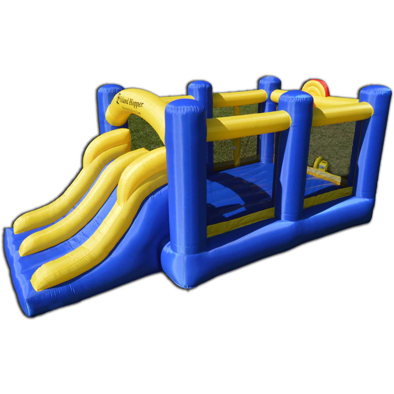 Island Hopper Blue and Yellow Bounce House with Dual Slides