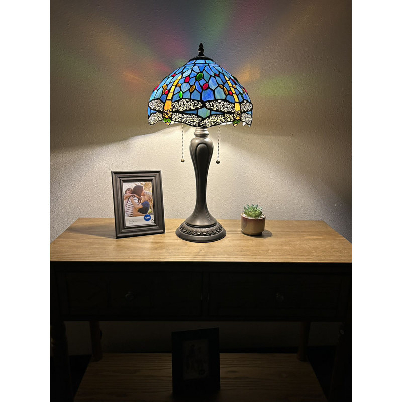 Gleb Tiffany Table Lamp Stained Glass Dragonfly LED Bulbs Included 12'W*12"D*22"H, Sky Blue