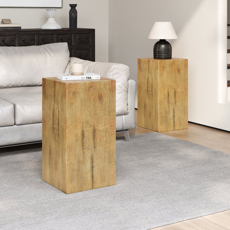 Wood-Look Square-Column Mgo End Table,  H27.75",Wood-Like Distressed Finish, Mix With Different Heights, Indoor Outdoor Use