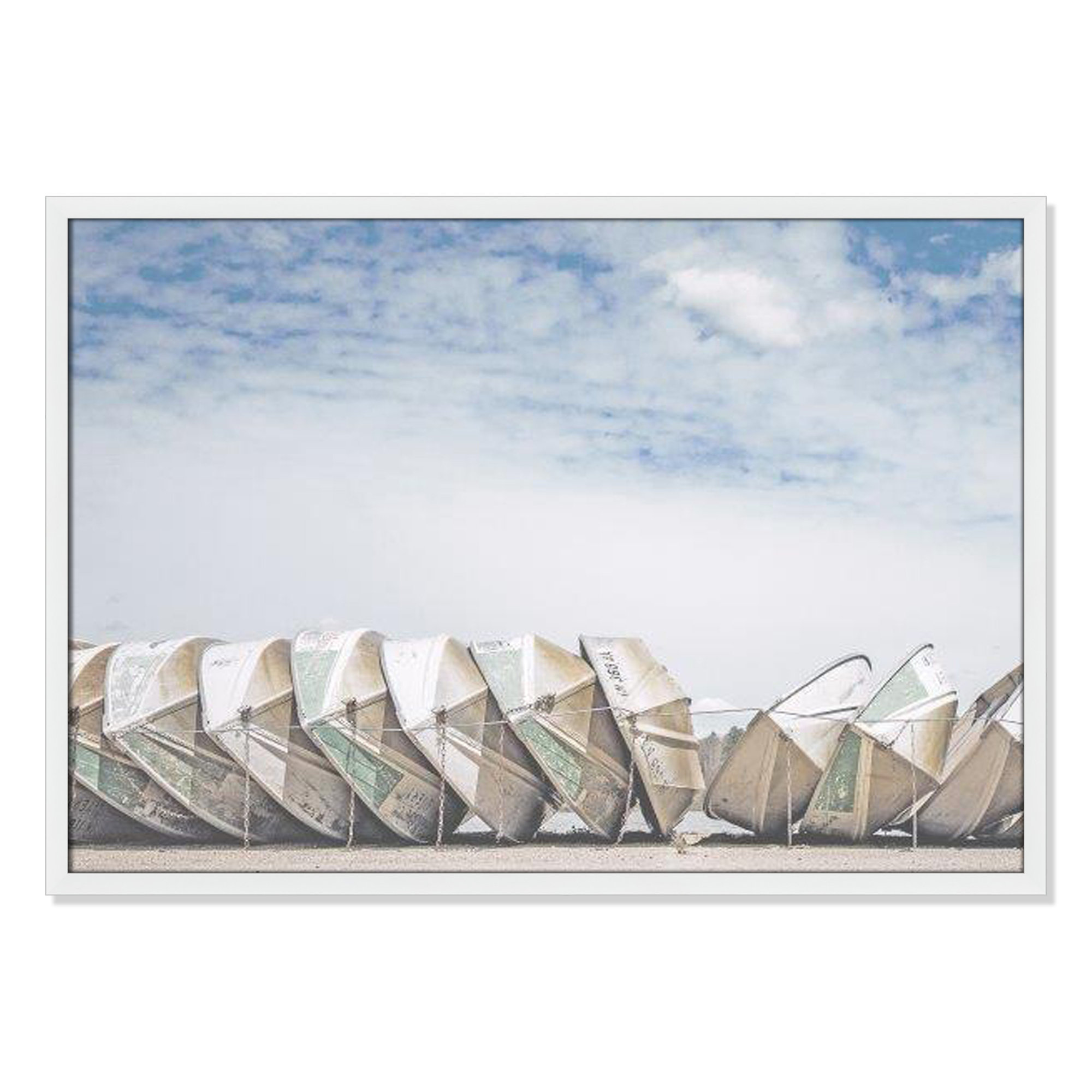 Wooden Boats Framed On Paper by Leah Straatsma Print, 25.5" H x 35.5" W x 1.25" D, Satin White