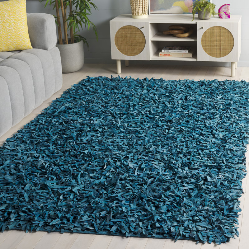 Tapis bleu clair en cuir noué à la main Godsey, Rectangle 5 pi x 8 pi