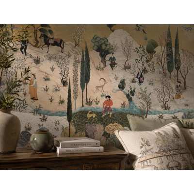 Papier peint mural miniature paysage persan | Paysage de jardin vintage coloré | Intissé ou autocollant
