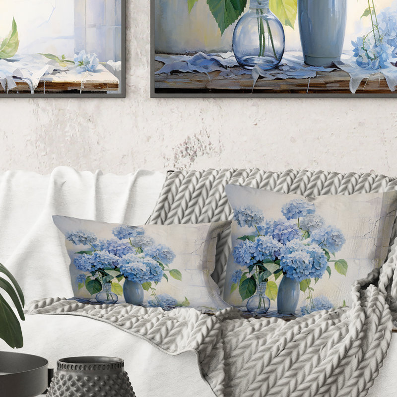 Blue Hydrangea Farmhouse Still Life - Hydrangea Printed Throw Pillow