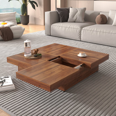 39.4'' Square Veneer Coffee Table Sliding Top With Storage Natural Wood Grain