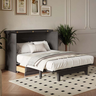 Solid Pine Murphy Bed Chest Cube Cabinet Bed with Charging Station