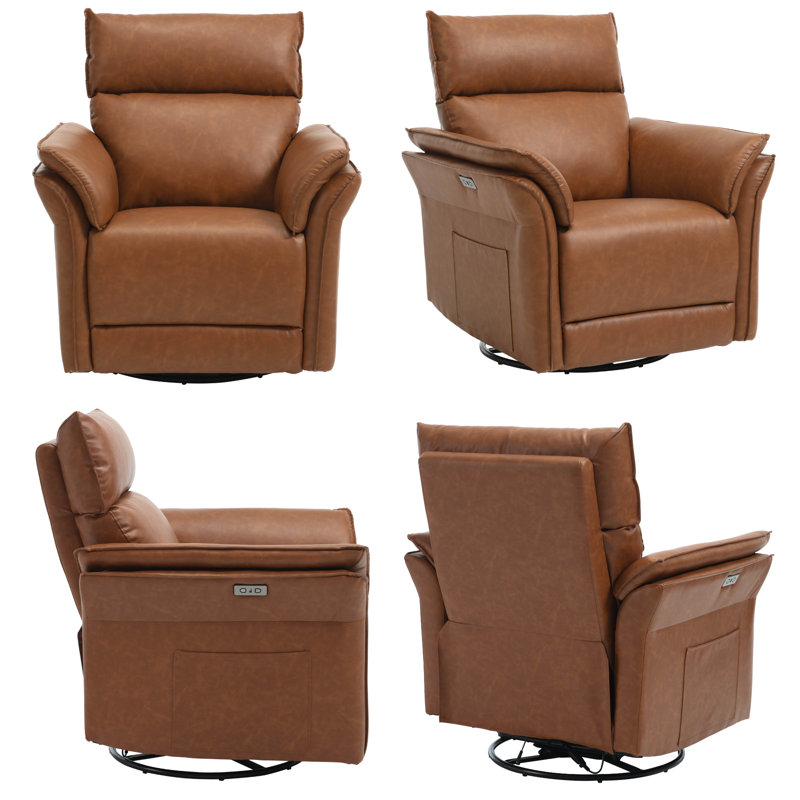 Faux Leather Swivel Power Recliner, Electric Adjustable 270 ° Rotate Upholstered Lounge Chair , Brown