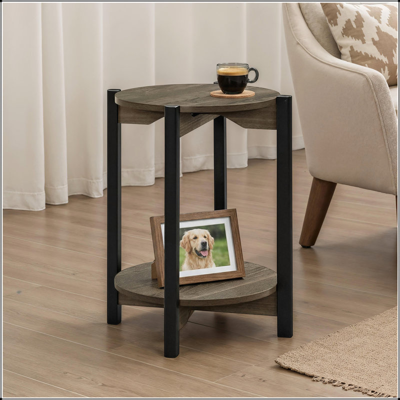 Table d'appoint ronde de style transitionnel avec pattes en métal et tablette inférieure ouverte, fini gris foncé pour salons modernes