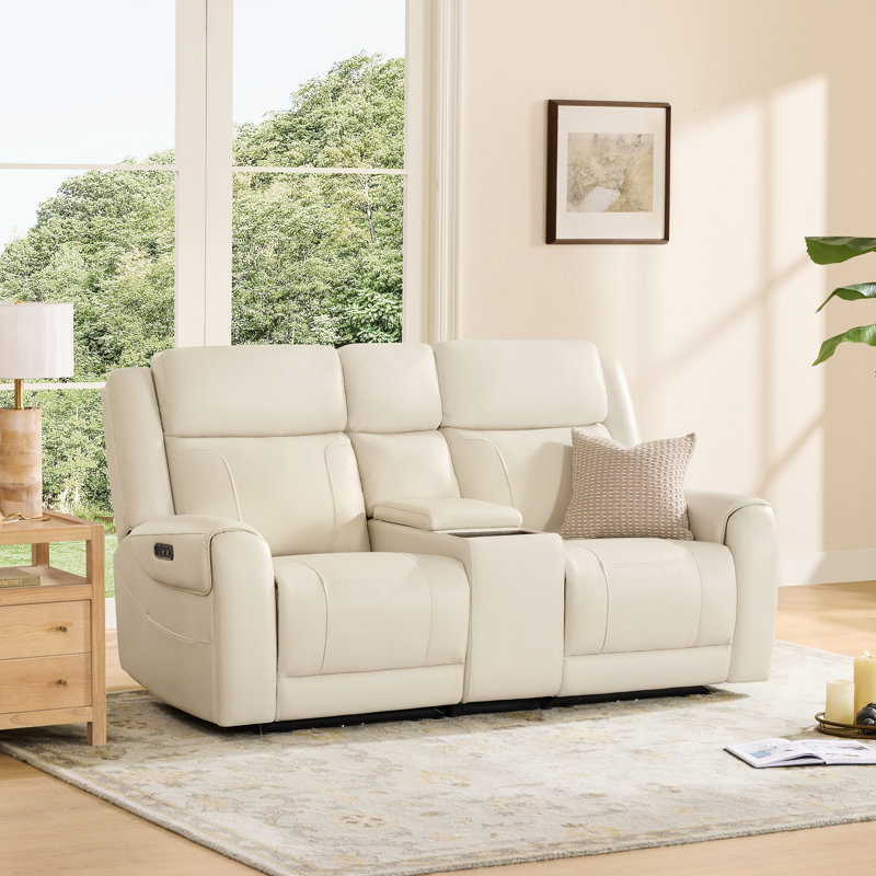 2-Seat Dual Motor Genuine Leather zero clearence recliner Power Recliner Sofa With Power Headrest And Console, Cream