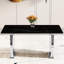 Table rectangulaire moderne avec plateau de table en pierre frittée noire et supports en métal argenté stables, sans danger pour les aliments, antidérapante pour les repas de 0,4 po de hauteur, convient aux espaces commerciaux à domicile, haute