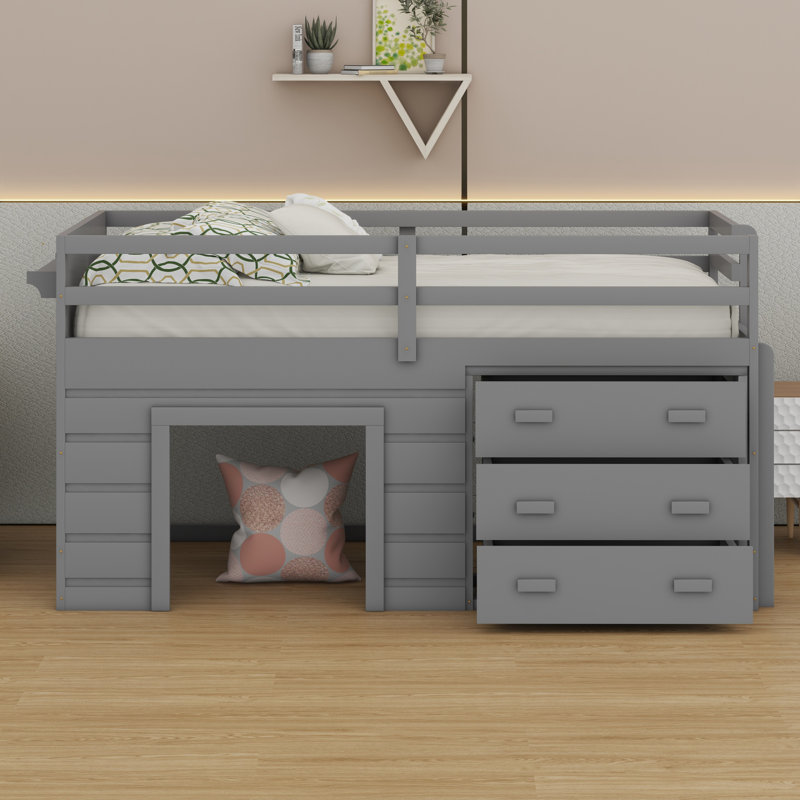 Lit mezzanine avec tiroirs et tablette, gris