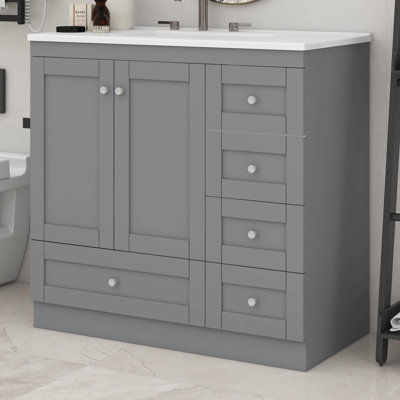 Armoire de meuble-lavabo 36 po avec lavabo en céramique, armoire de rangement sous le lavabo de style rustique avec 4 tiroirs à fermeture en douceur et 2 portes à fermeture en douceur