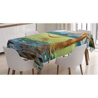 Image Of Hammock Hanging Between Trees In The Tropical Lake Paradise Lands Art Work Tablecloth