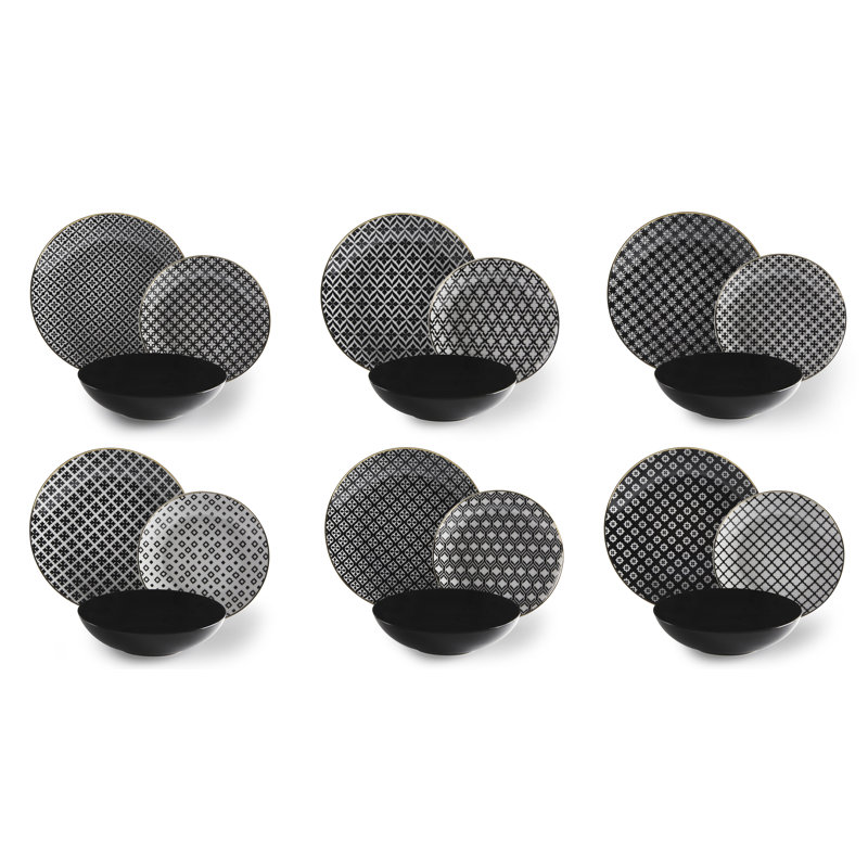 Monochrome 18 Piece Porcelain China Dinnerware Set - Service for 6, Grey