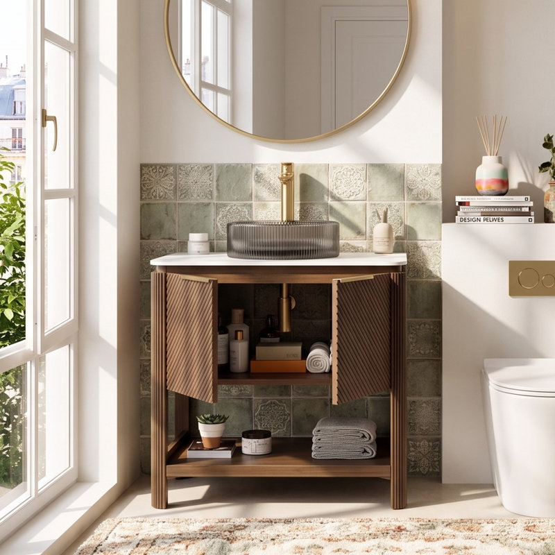 Meuble-lavabo autoportant avec lavabo et portes rayées diagonales
