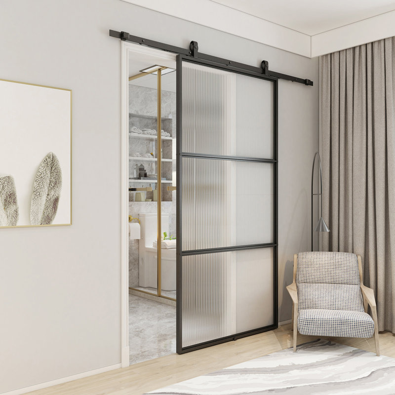Porte de grange coulissante en verre rosé de 42 po x 84 po avec quincaillerie d'installation, 42 po x 84 po