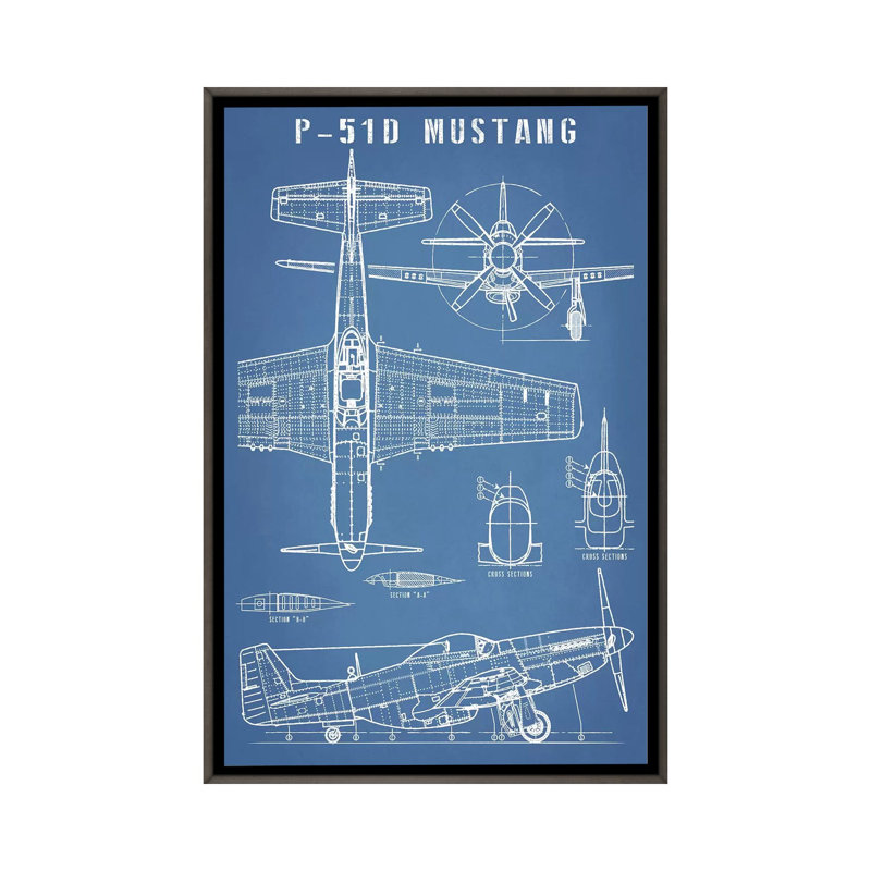 P-51 Mustang-imprimé rétro avion, H 60 po x l 40po x P 1,5 po, Toile encadrée de bois rustique foncé, Pas de tapis
