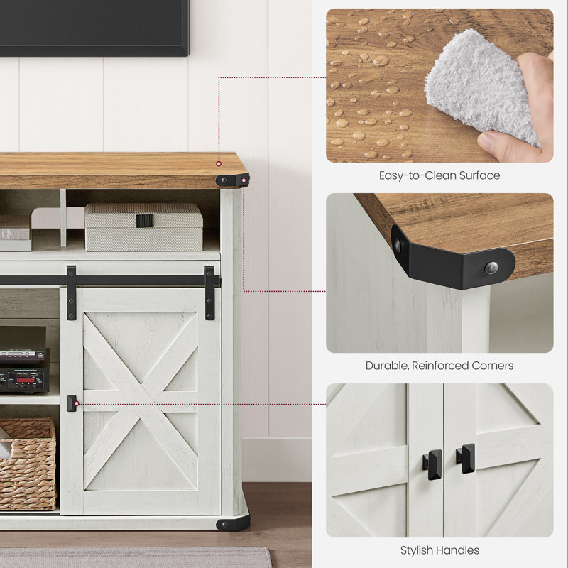 Cecilly TV Stand for TVs up to 65" with 2 Sliding Barn Doors and Built-In Charging Station, White/Brown