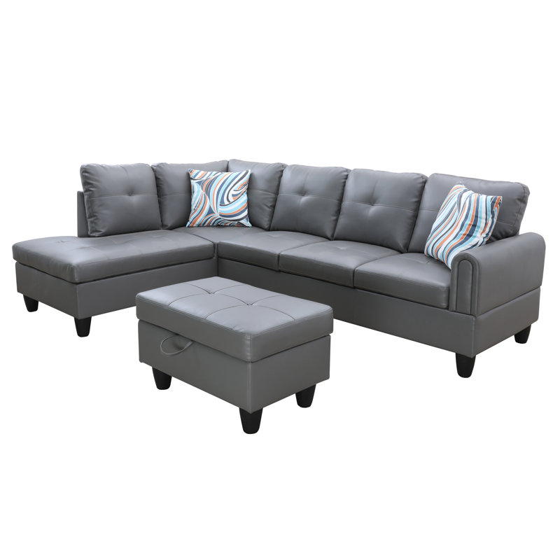 Jayzen 3 - Piece Vegan Sectional, Left Hand Facing, Black, Dark Gray Faux Leather