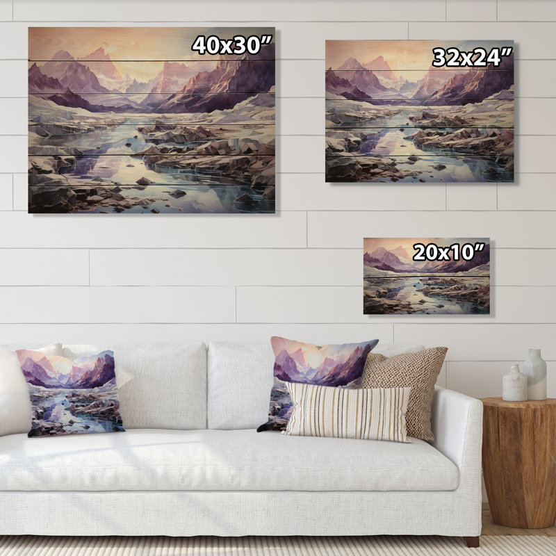 Impression glaciaire mauve glacier sur bois, H 24 po x l 32 po x P 0,78 po