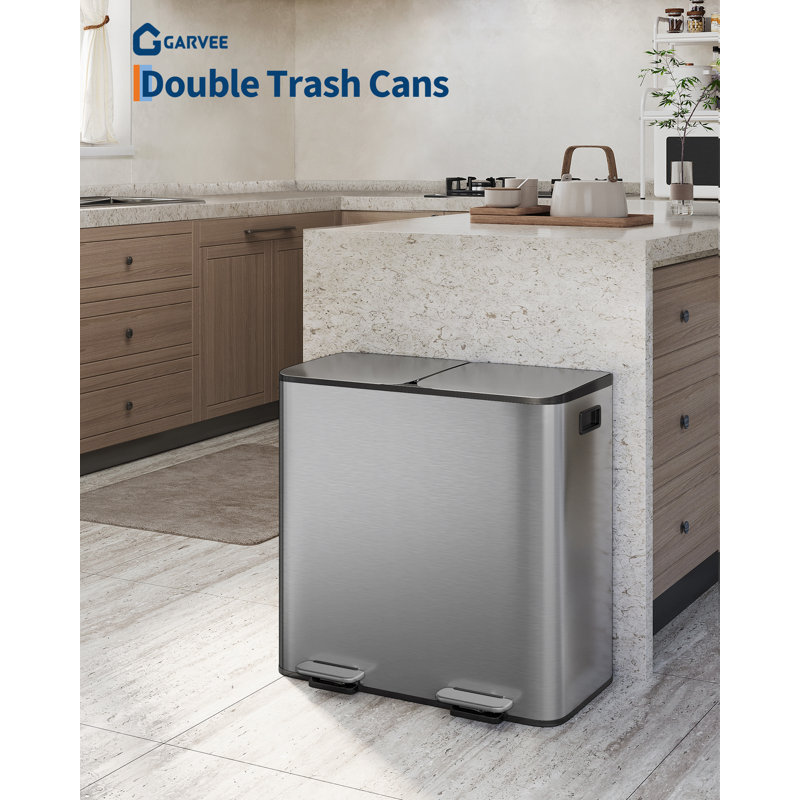 2 poubelles de cuisine à double compartiment en acier inoxydable avec couvercle à fermeture douce et 2 seaux intérieurs, Gris