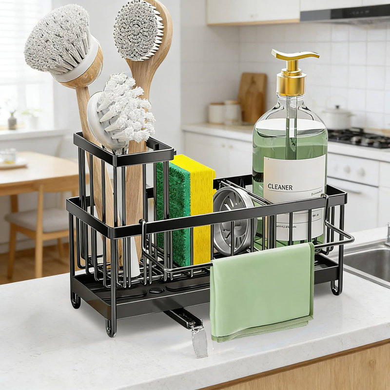 Organisateur de chariot d'évier de cuisine en acier inoxydable avec buse rotative, bac d'égouttement amovible et rangement à compartiments multiples pour éponge, brosse et distributeur de savon