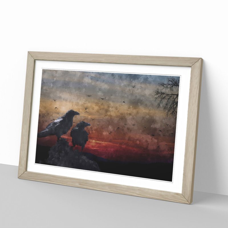Crows at Sunset - Picture Frame Painting, Oak Framed, 36cm H x 48cm W x 2cm D