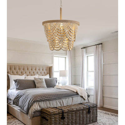 Boho Wood Beaded Chandelier,Farmhouse Coastal Large Bohemia 5 Lights For Dining Room Kitchen Living Room Entryway Foyer Hotel D20" Ul Listed